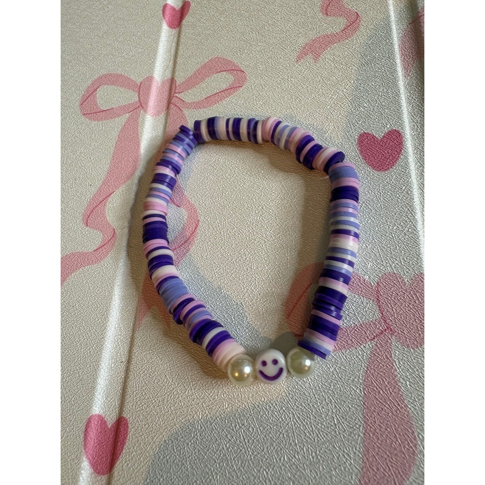 Handmade Purple Heishi Clay Bead Stretch Bracelet Smiley Face Pearl Accents